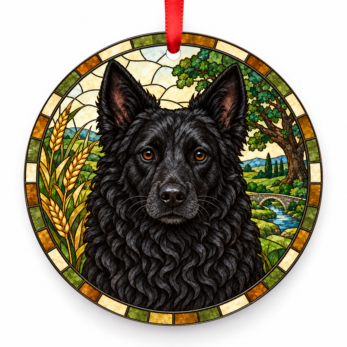 Croatian Shepherd Dog Black porcelain Christmas ornament with red ribbon — ORN-10524