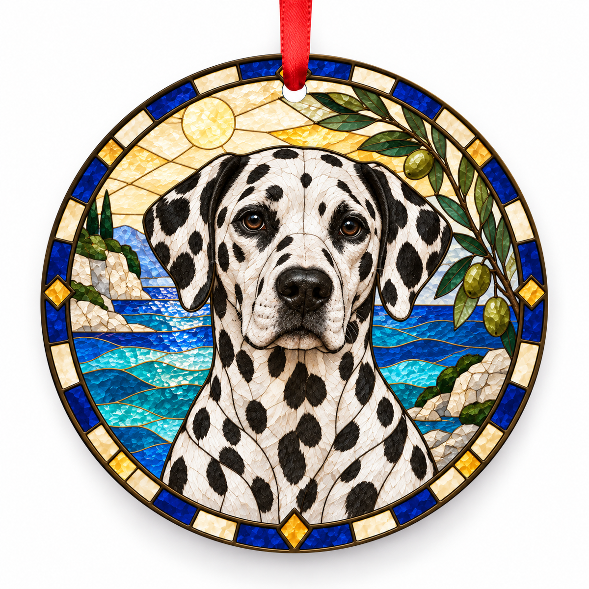 Dalmatian Black Spotted porcelain Christmas ornament with red ribbon — ORN-10526