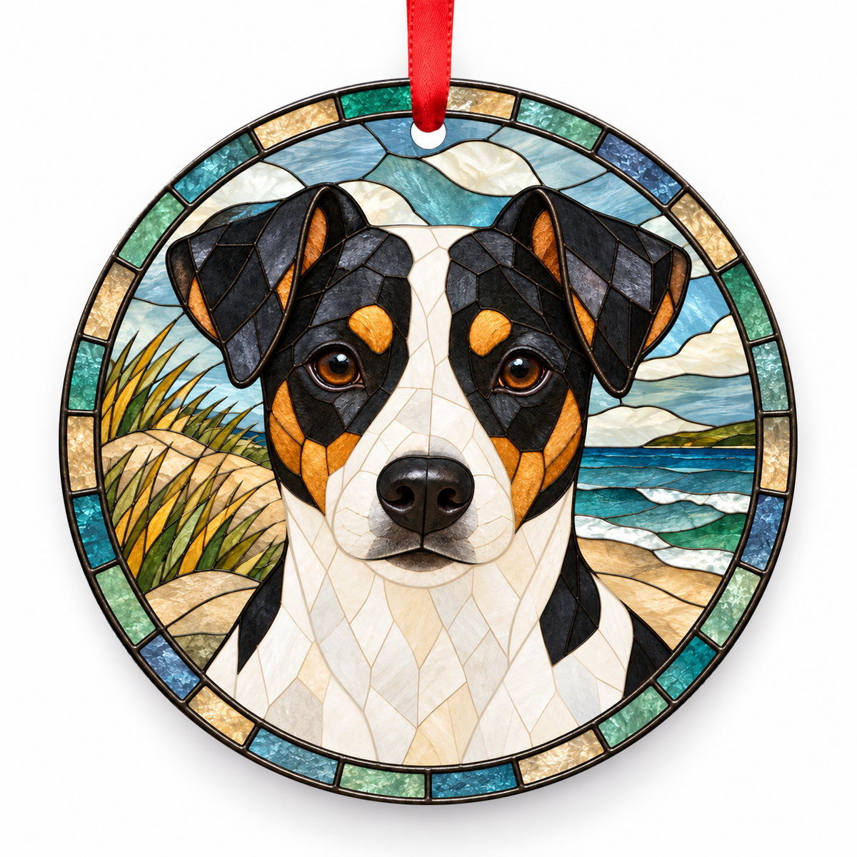 Danish-Swedish Farmdog Tricolor porcelain Christmas ornament with red ribbon — ORN-10530
