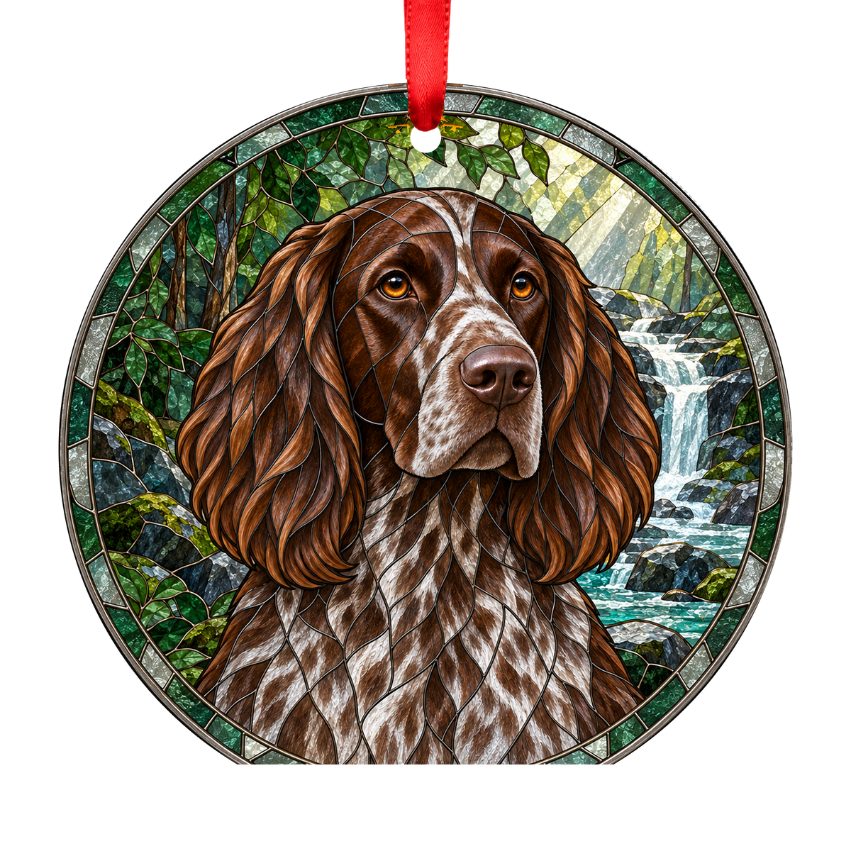 Deutsch Langhaar Dark Brown Roan stained glass style Christmas ornament