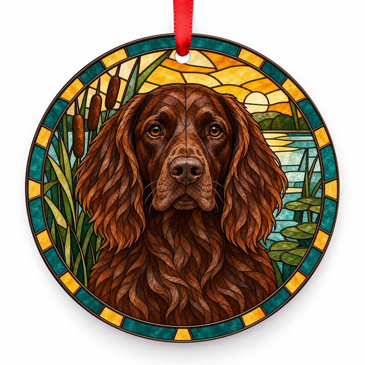 Deutsch Langhaar Solid Brown porcelain Christmas ornament with red ribbon — ORN-10534