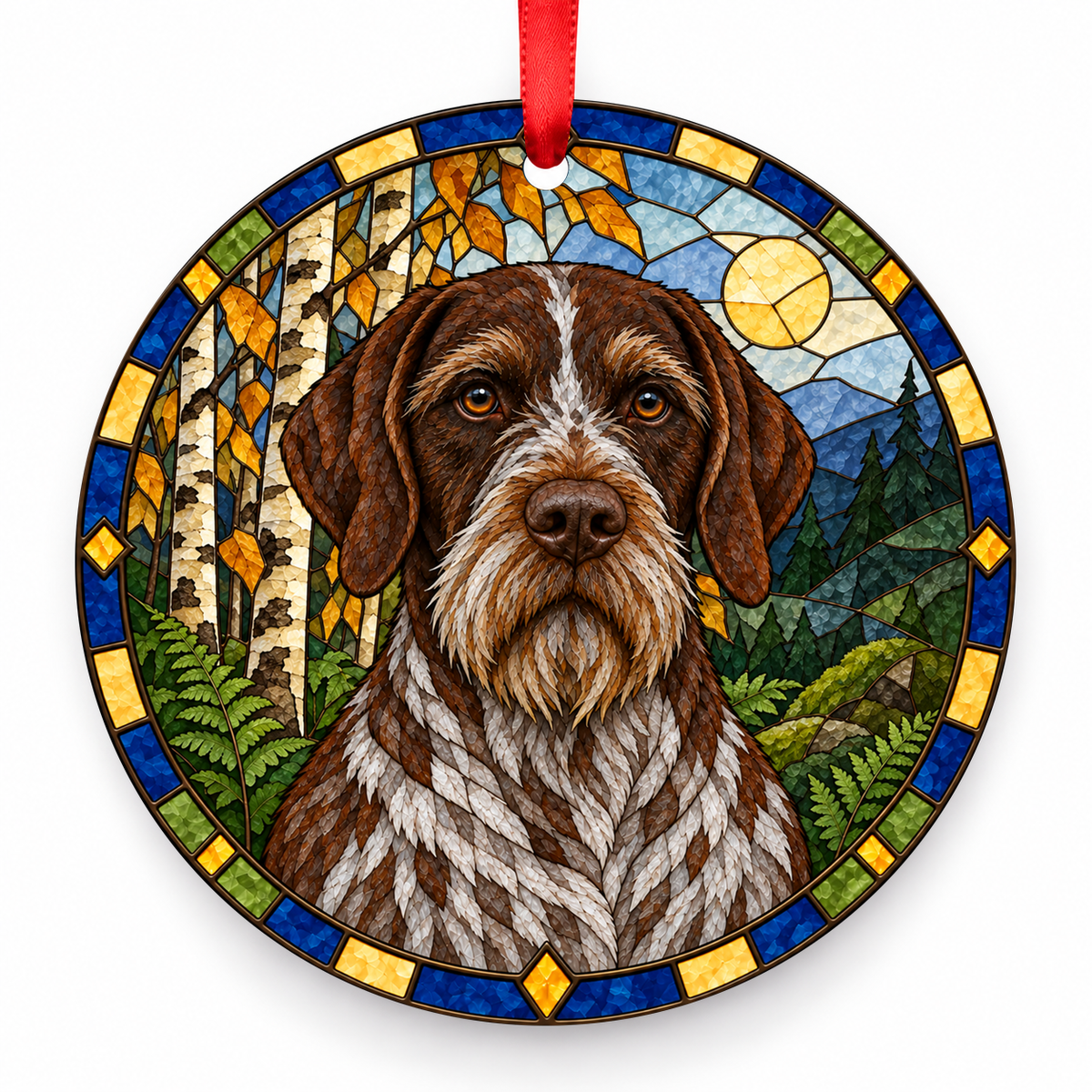 Deutsch Stichelhaar Brown Roan porcelain Christmas ornament with red ribbon — ORN-10537