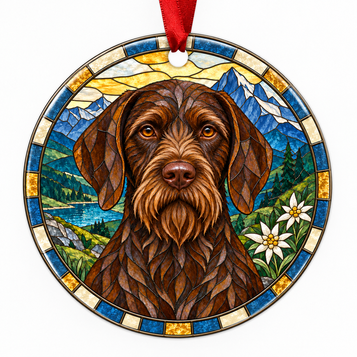 Deutsch Stichelhaar Solid Brown porcelain Christmas ornament with red ribbon — ORN-10538