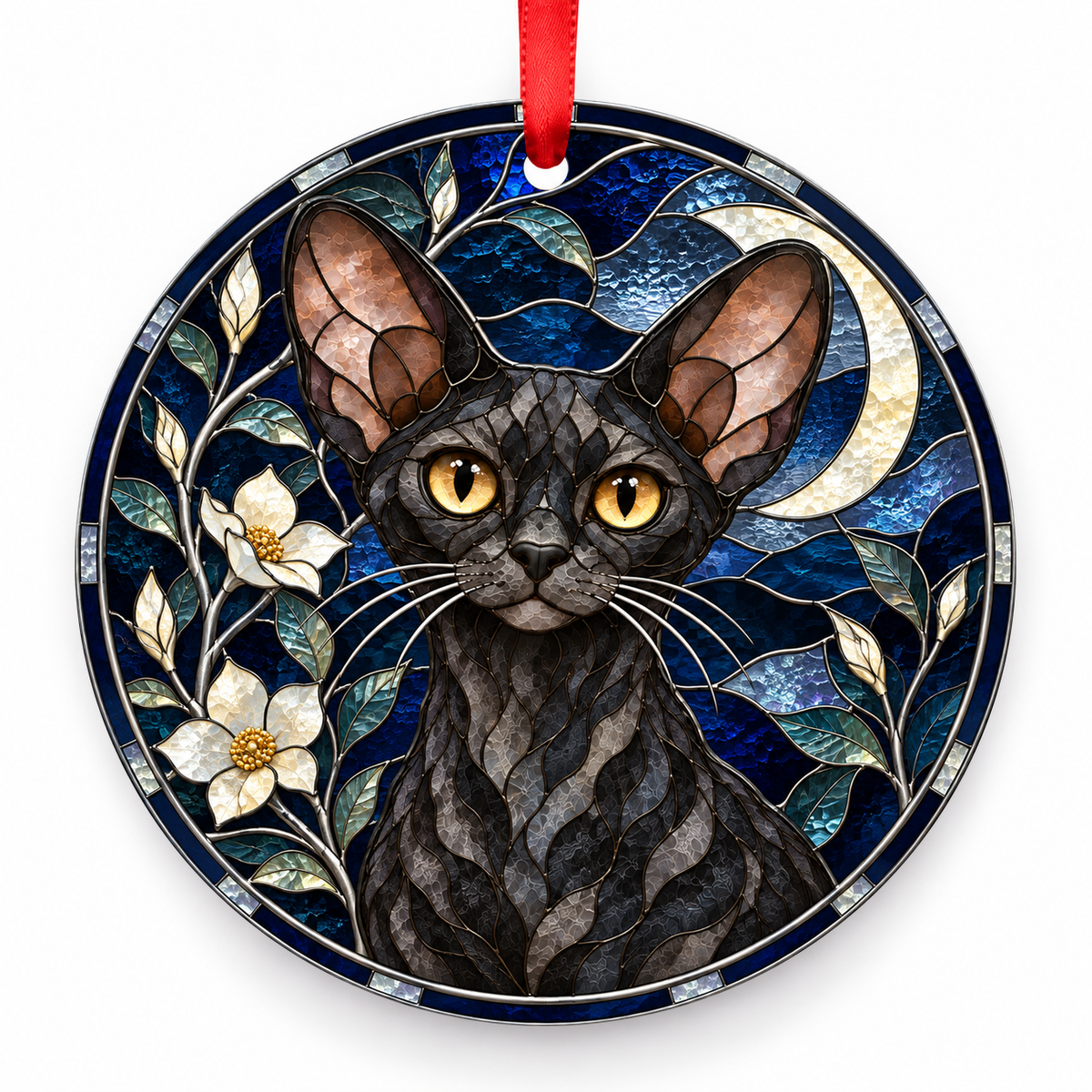 Devon Rex Black porcelain Christmas ornament with red ribbon — ORN-10539