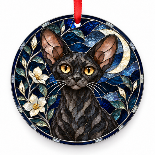 Devon Rex Black porcelain Christmas ornament with red ribbon — ORN-10539