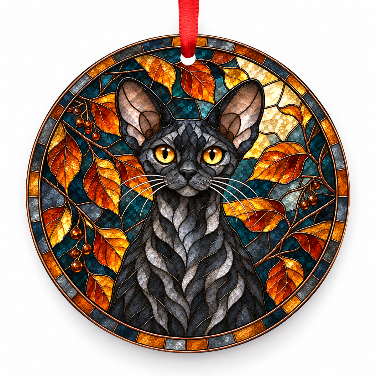 Devon Rex Black Smoke porcelain Christmas ornament with red ribbon — ORN-10541