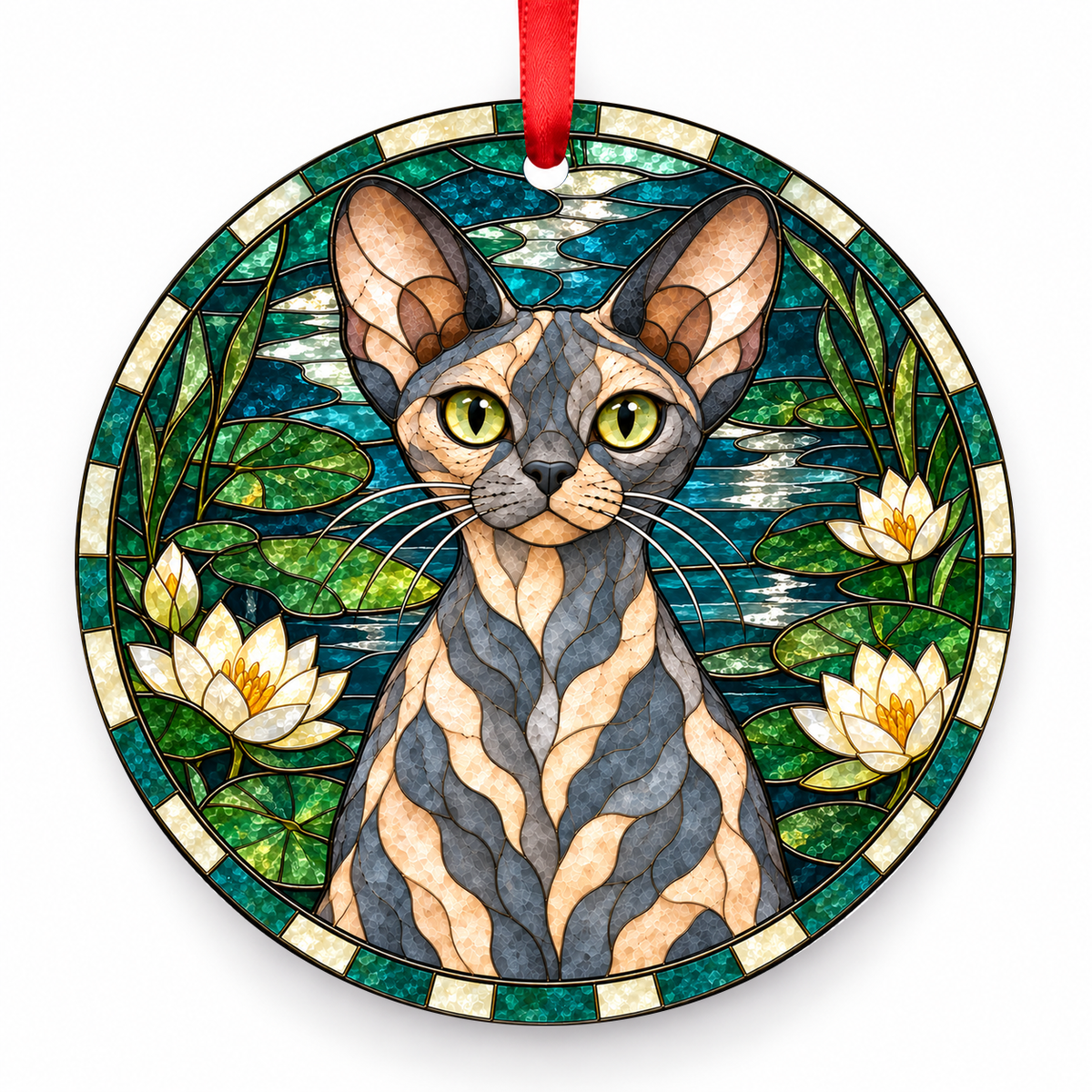 Devon Rex Blue Cream porcelain Christmas ornament with red ribbon — ORN-10543