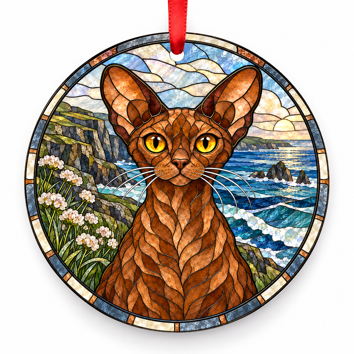 Devon Rex Cinnamon porcelain Christmas ornament with red ribbon — ORN-10547
