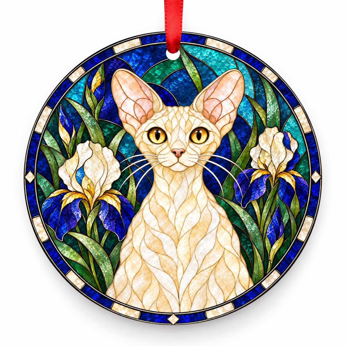 Devon Rex Cream porcelain Christmas ornament with red ribbon — ORN-10548