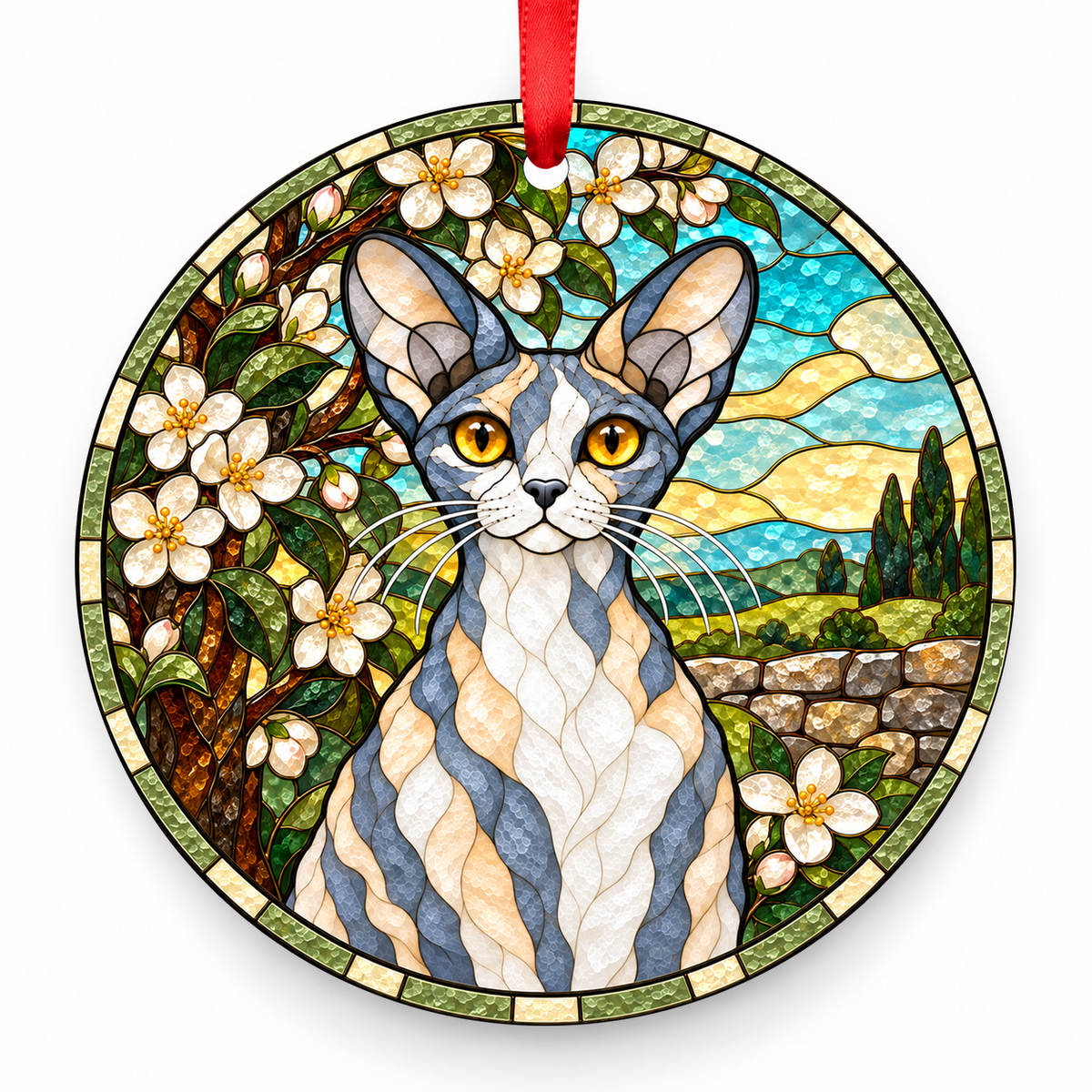 Devon Rex Dilute Calico porcelain Christmas ornament with red ribbon — ORN-10549