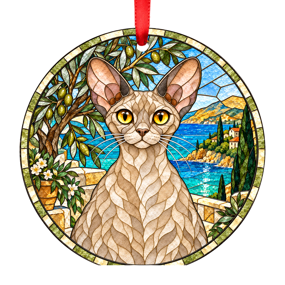 Devon Rex Fawn stained glass style Christmas ornament