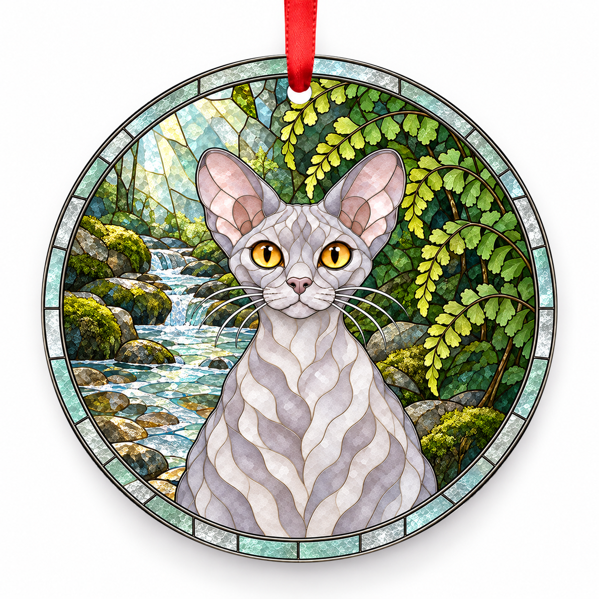 Devon Rex Lilac porcelain Christmas ornament with red ribbon — ORN-10551