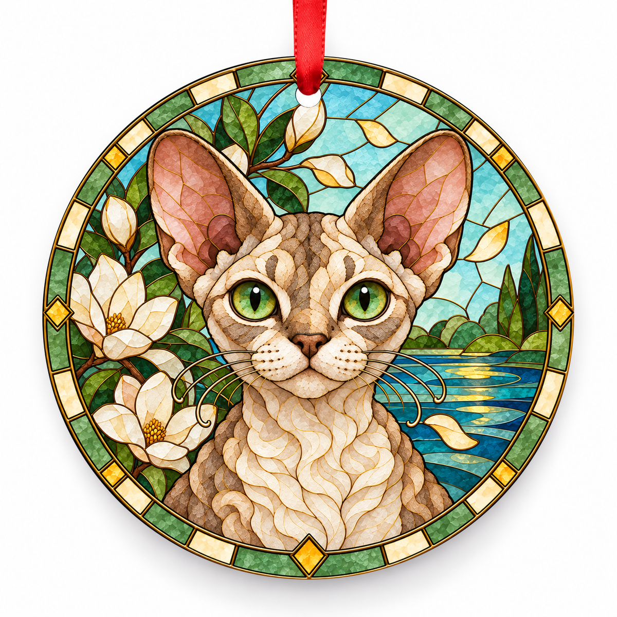 Devon Rex Brown Tabby porcelain Christmas ornament with red ribbon — ORN-10552
