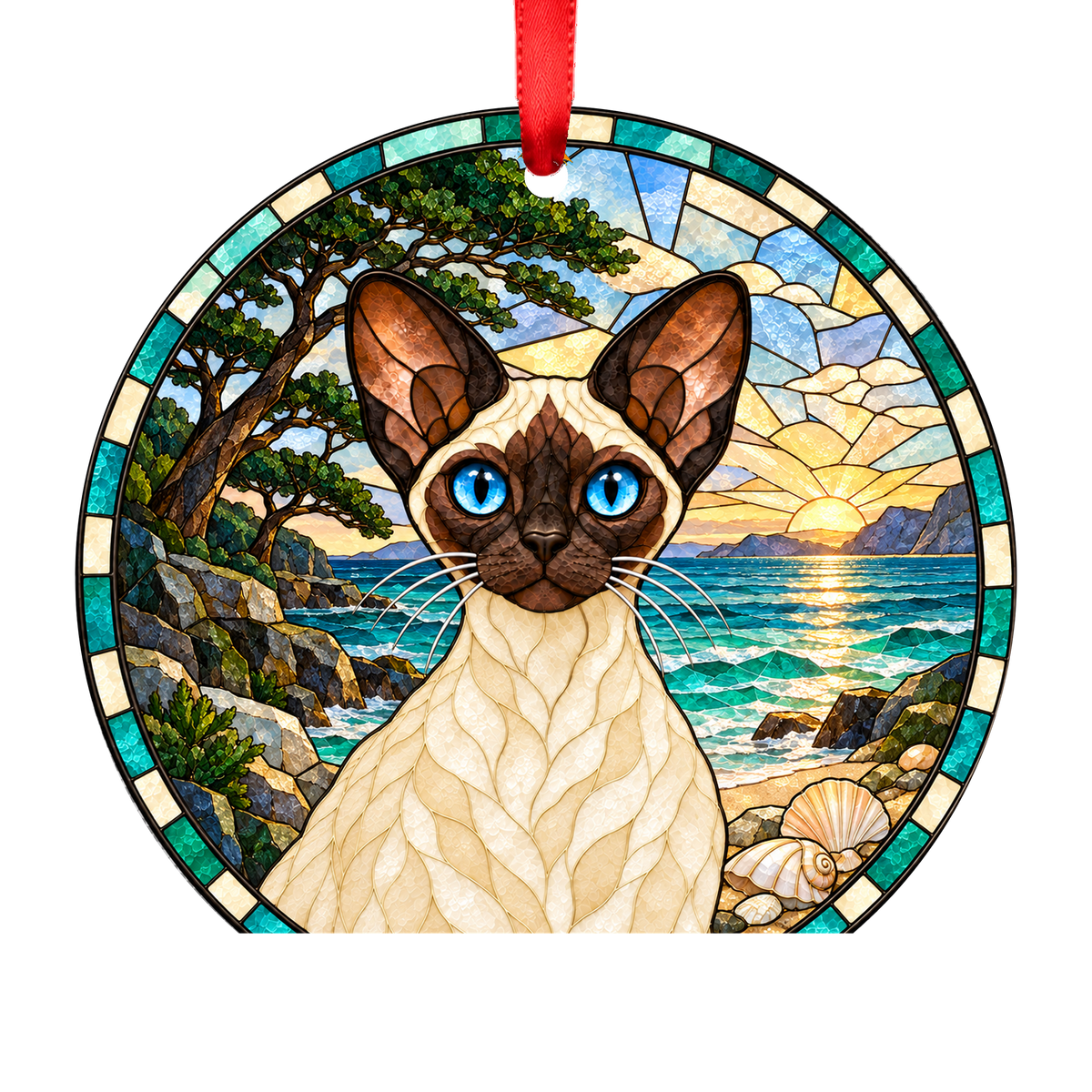 Devon Rex Seal Point stained glass style Christmas ornament