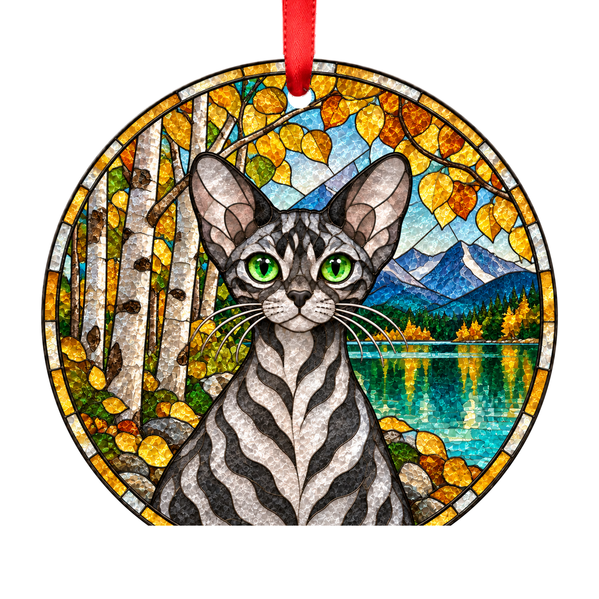 Devon Rex Silver Tabby stained glass style Christmas ornament