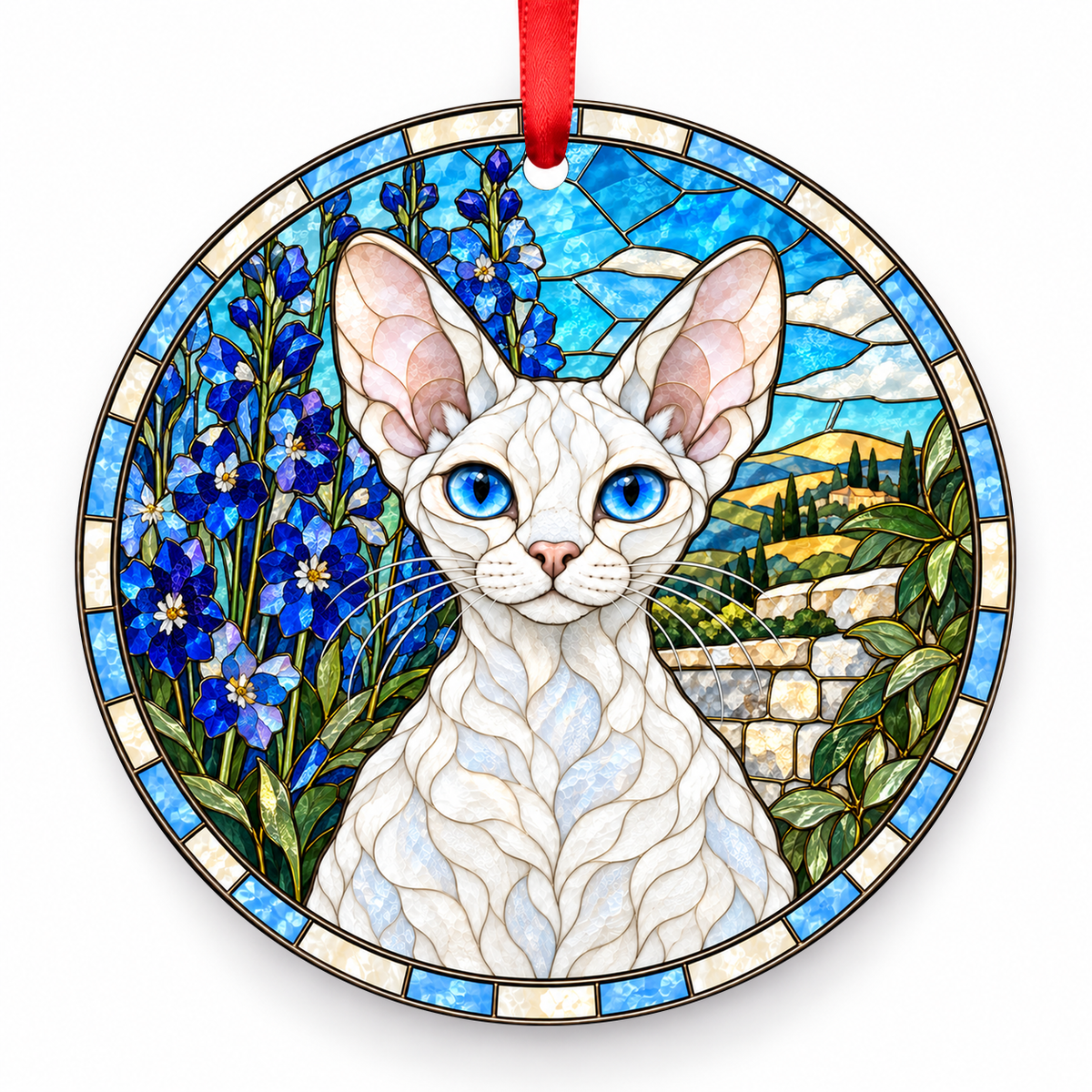 Devon Rex White porcelain Christmas ornament with red ribbon — ORN-10557