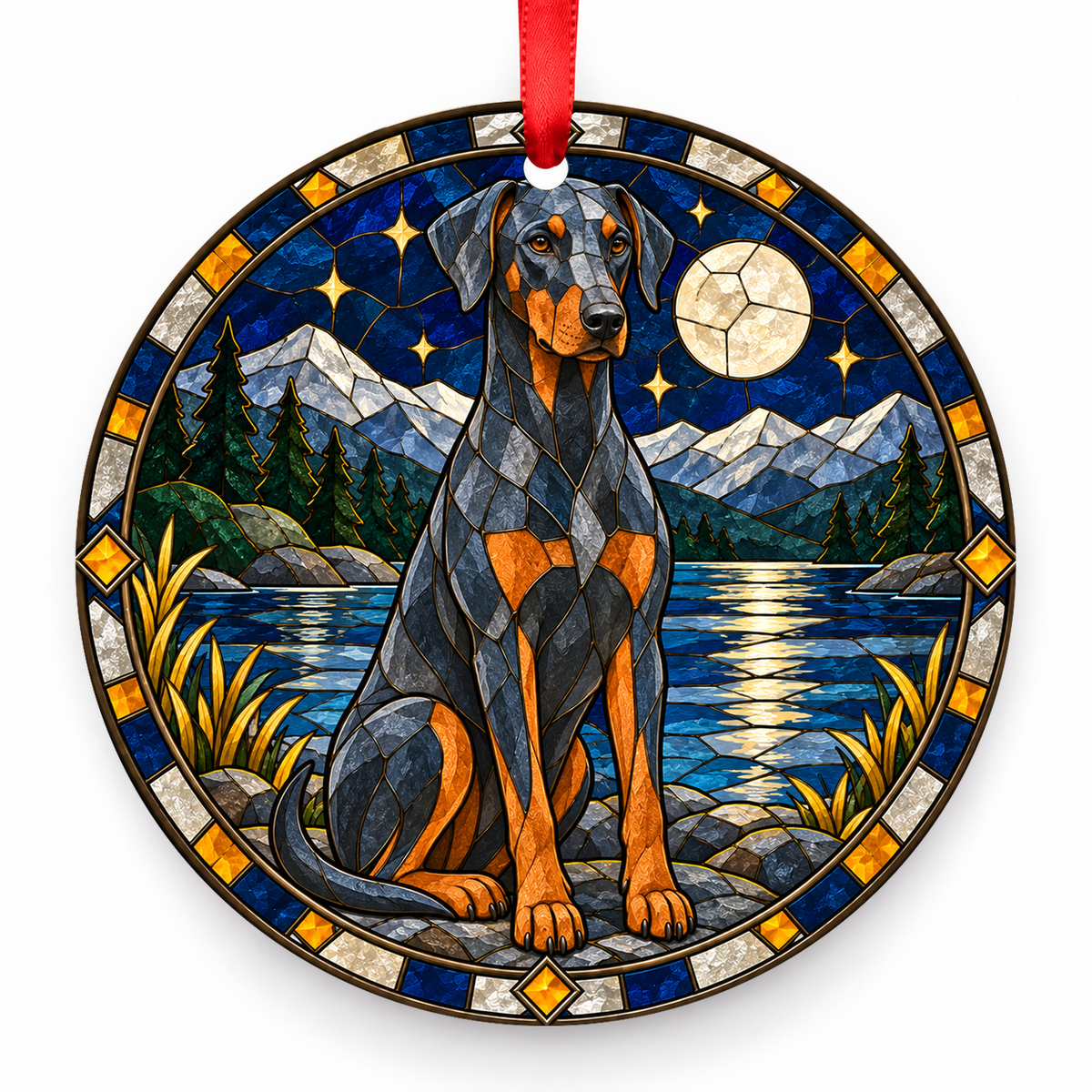 Doberman Pinscher Blue and Rust porcelain Christmas ornament with red ribbon — ORN-10558