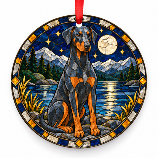 Doberman Pinscher Blue and Rust porcelain Christmas ornament with red ribbon — ORN-10558