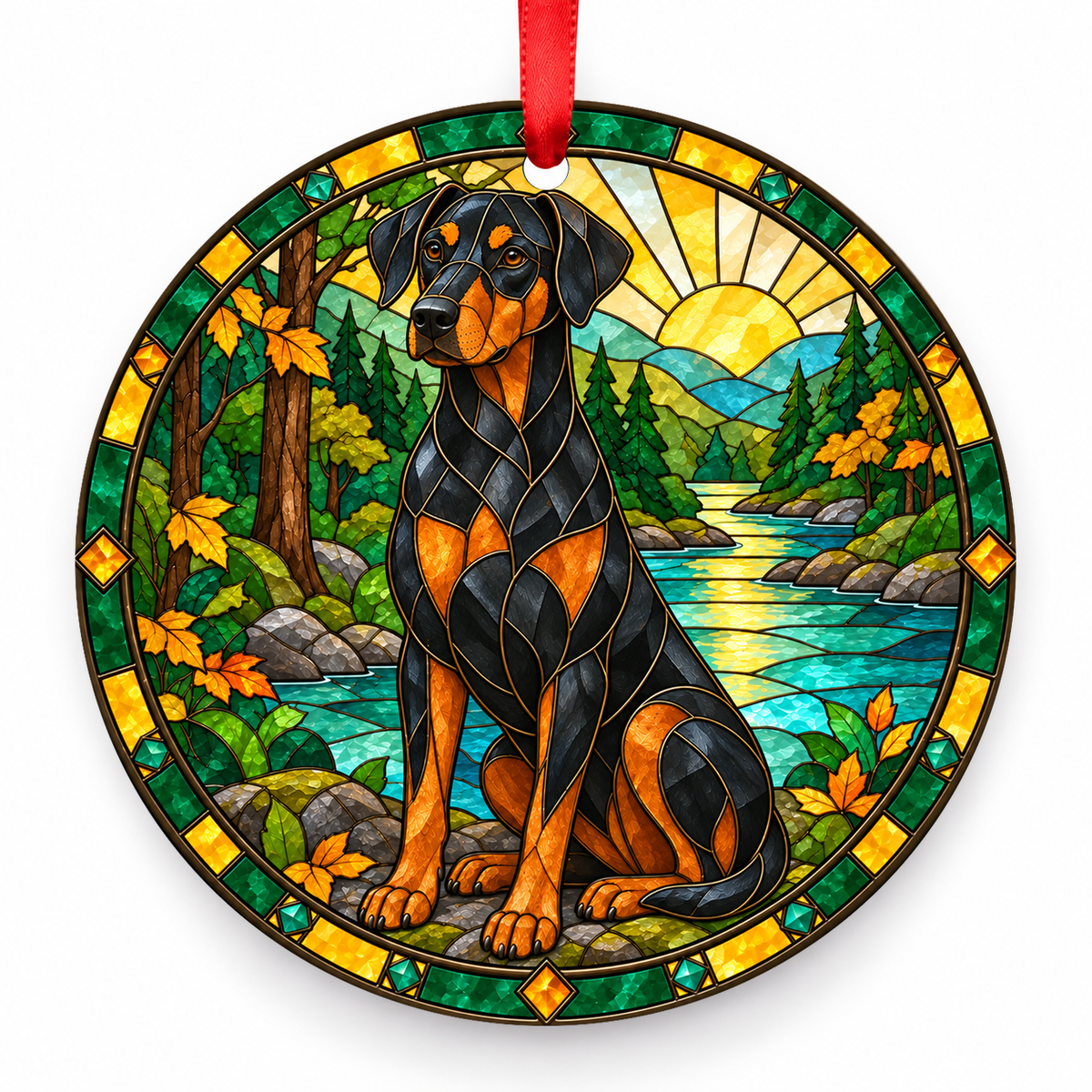 Doberman Pinscher Black and Rust porcelain Christmas ornament with red ribbon — ORN-10560