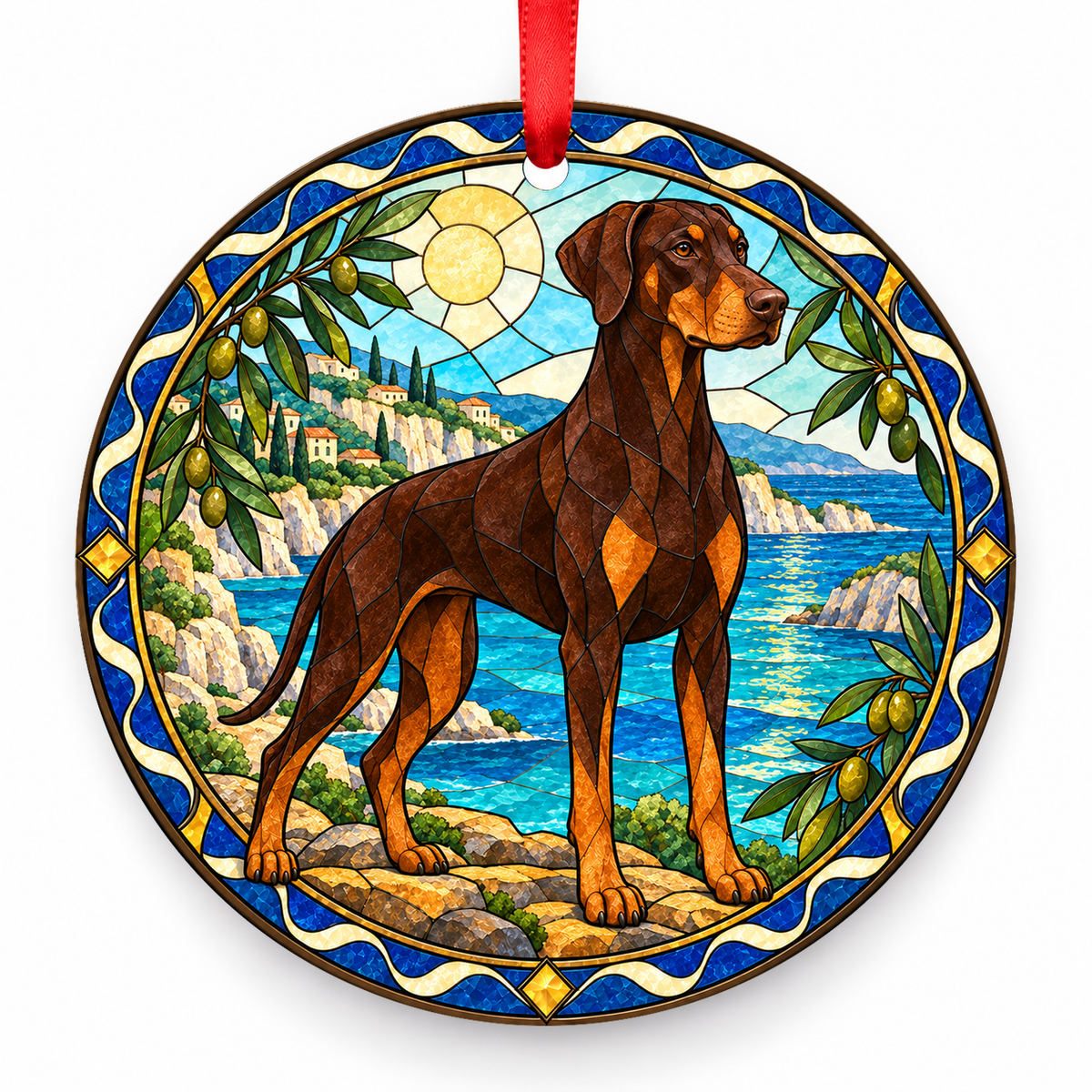 Doberman Pinscher Red and Rust porcelain Christmas ornament with red ribbon — ORN-10561