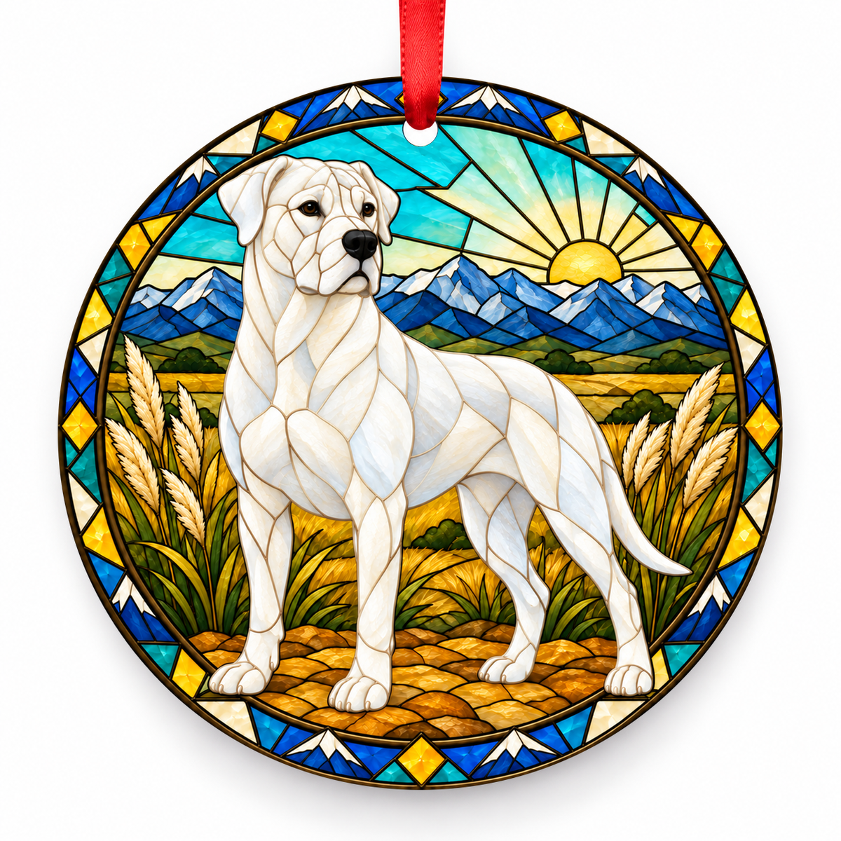 Dogo Argentino White porcelain Christmas ornament with red ribbon — ORN-10562