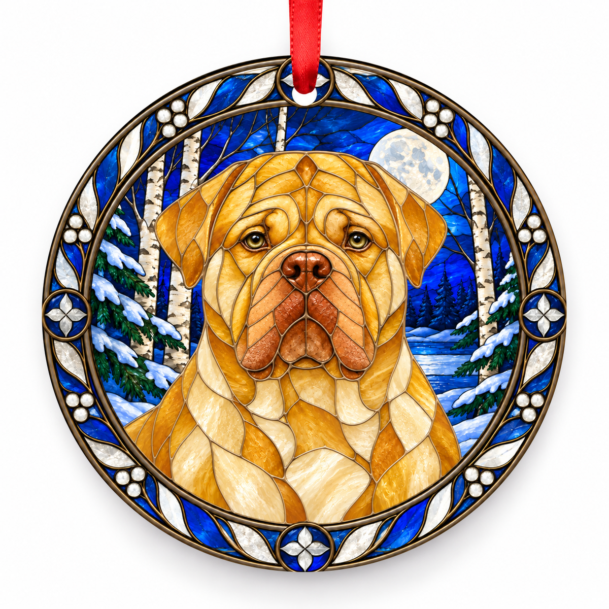 Dogue de Bordeaux Light Fawn No Mask porcelain Christmas ornament with red ribbon — ORN-10564