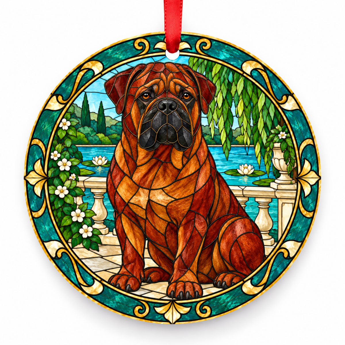 Dogue de Bordeaux Mahogany Black Mask porcelain Christmas ornament with red ribbon — ORN-10565