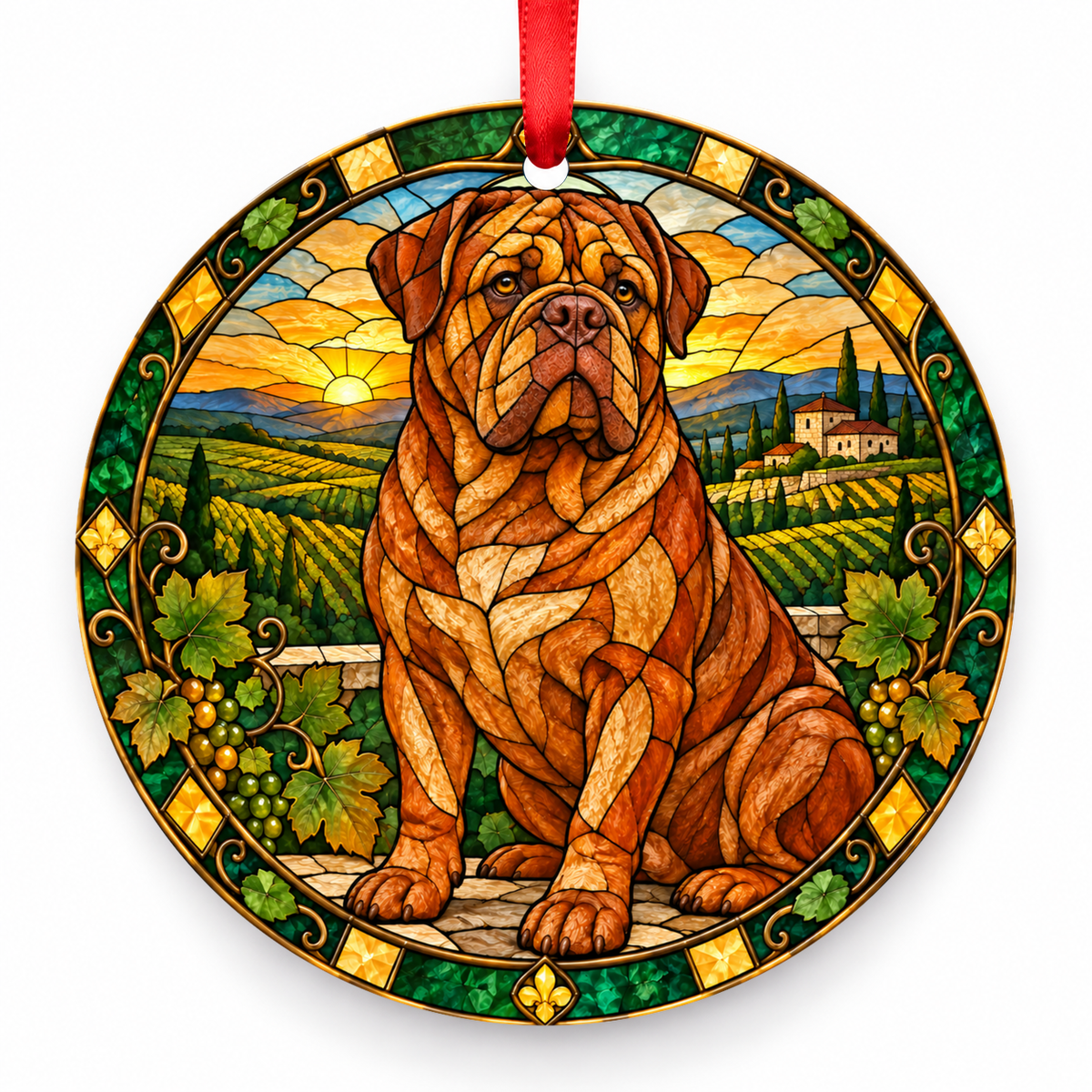 Dogue de Bordeaux Red Fawn porcelain Christmas ornament with red ribbon — ORN-10566