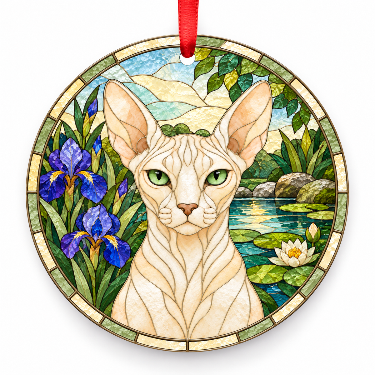 Donskoy Cream porcelain Christmas ornament with red ribbon — ORN-10574