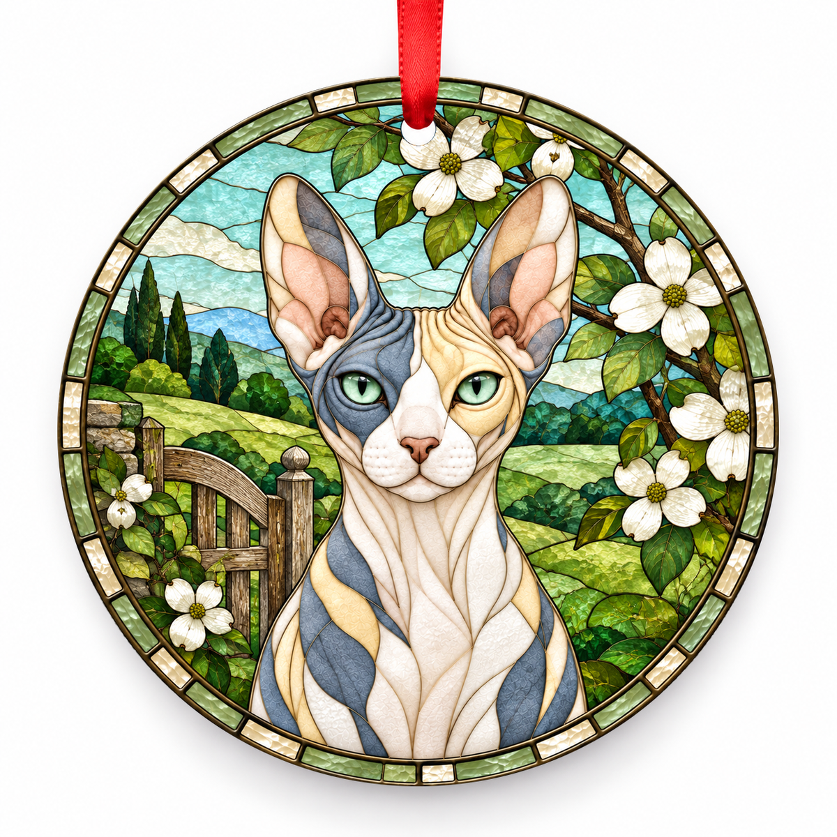 Donskoy Dilute Calico porcelain Christmas ornament with red ribbon — ORN-10575