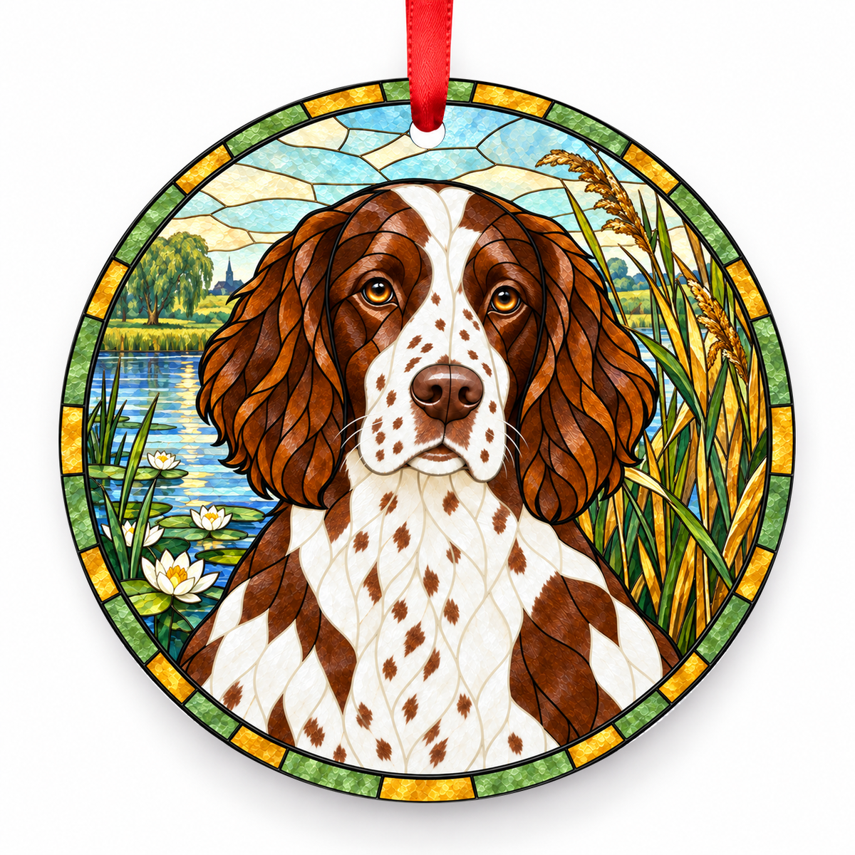 Drentsche Partridge Dog Brown White Ticked porcelain Christmas ornament with red ribbon — ORN-10584