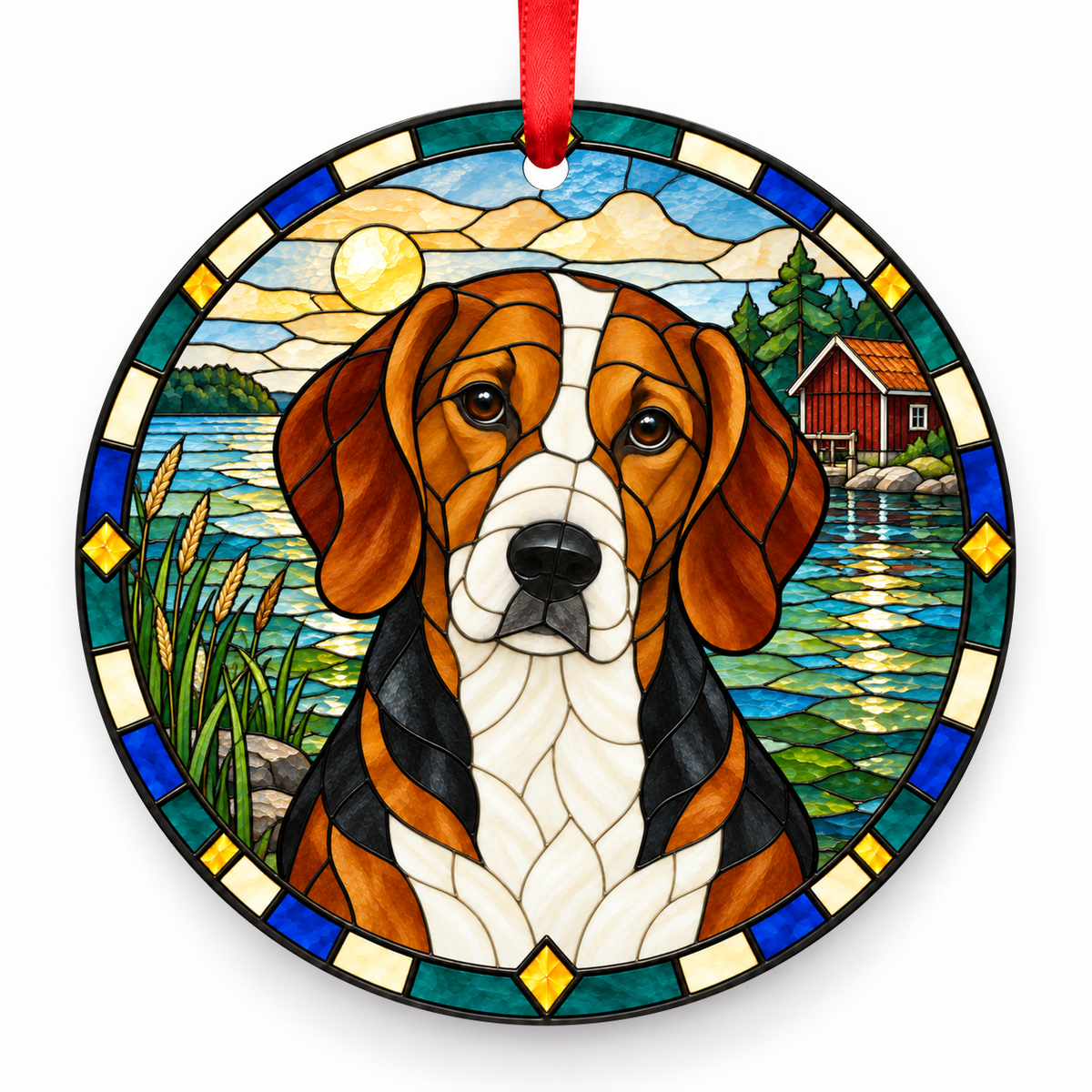 Drever Tricolor porcelain Christmas ornament with red ribbon — ORN-10587