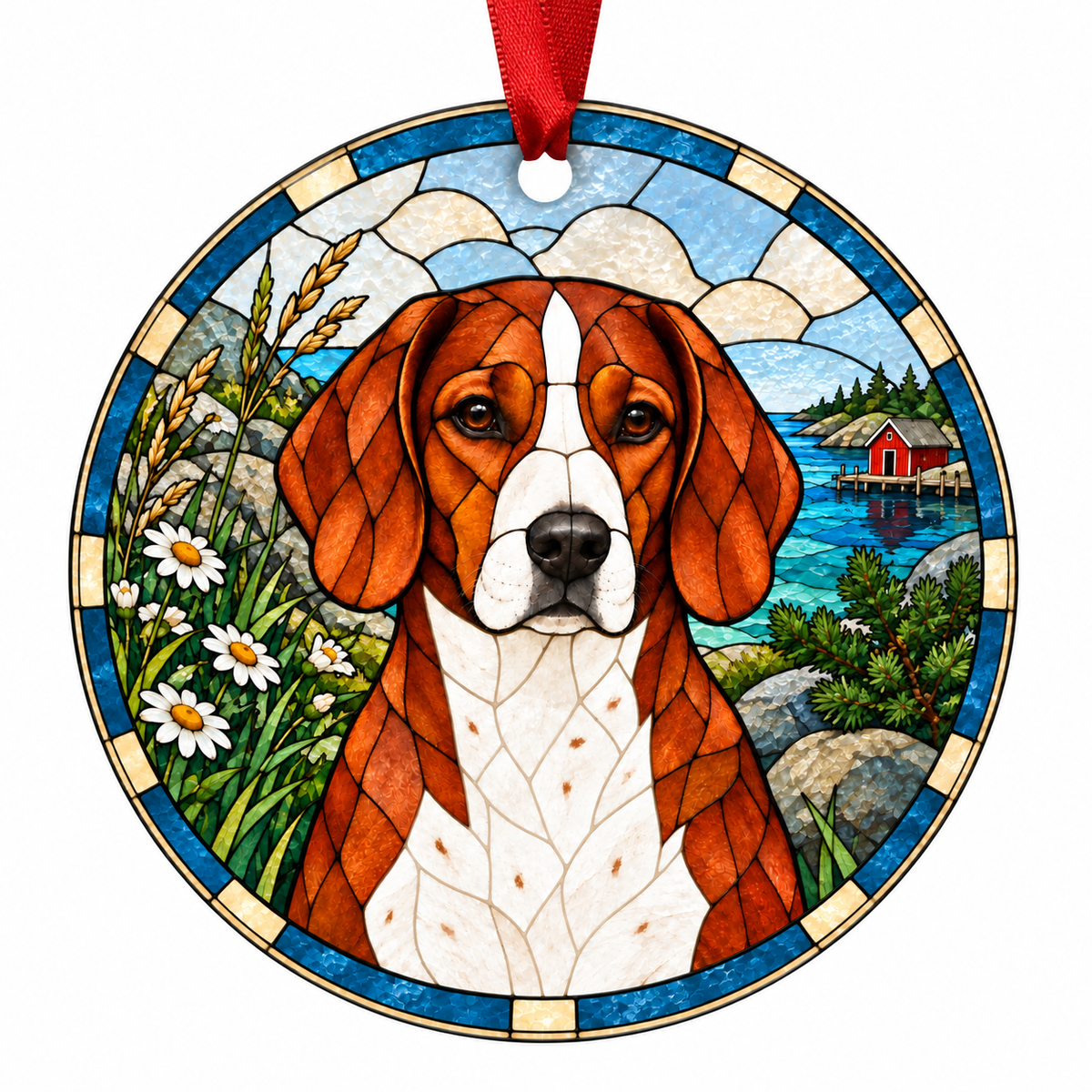 Drever Red and White porcelain Christmas ornament with red ribbon — ORN-10588