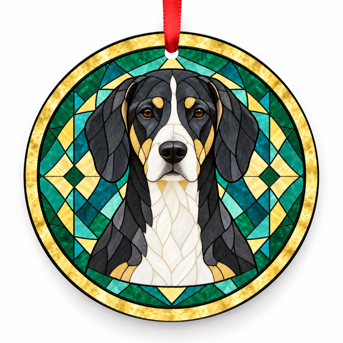 Dunker (Norwegian Hound) Diluted Black Tan White porcelain Christmas ornament with red ribbon — ORN-10589
