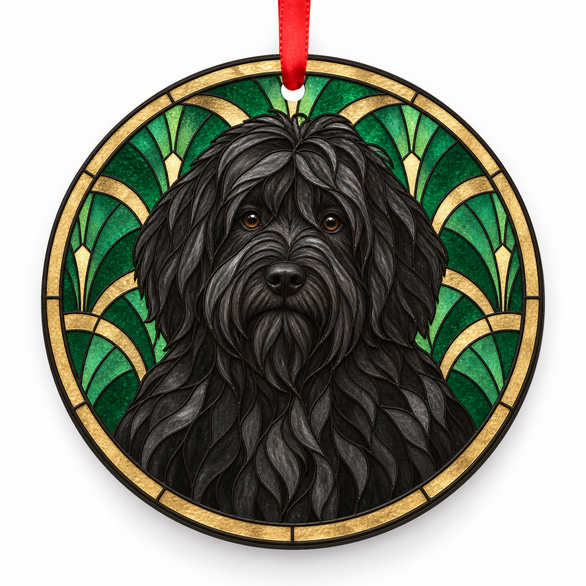 Dutch Schapendoes Black porcelain Christmas ornament with red ribbon — ORN-10593
