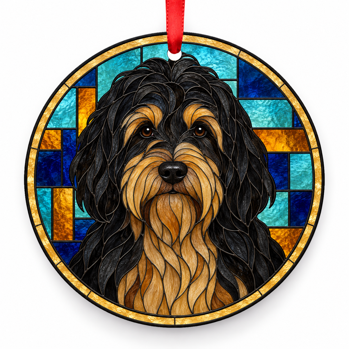 Dutch Schapendoes Black and Tan porcelain Christmas ornament with red ribbon — ORN-10594