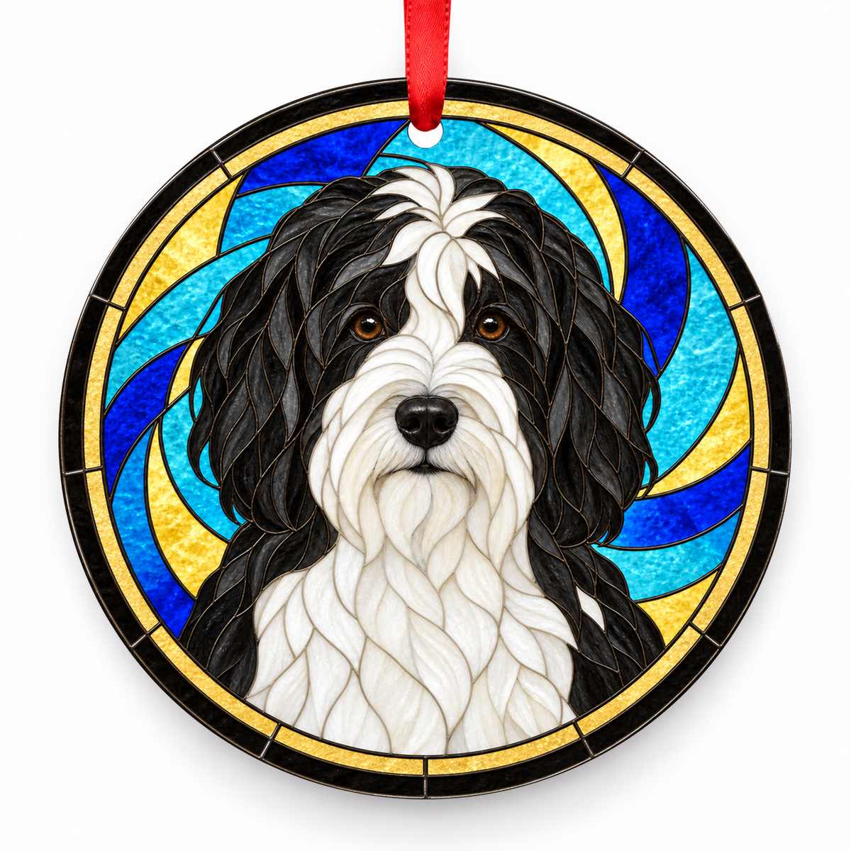 Dutch Schapendoes Black and White porcelain Christmas ornament with red ribbon — ORN-10595