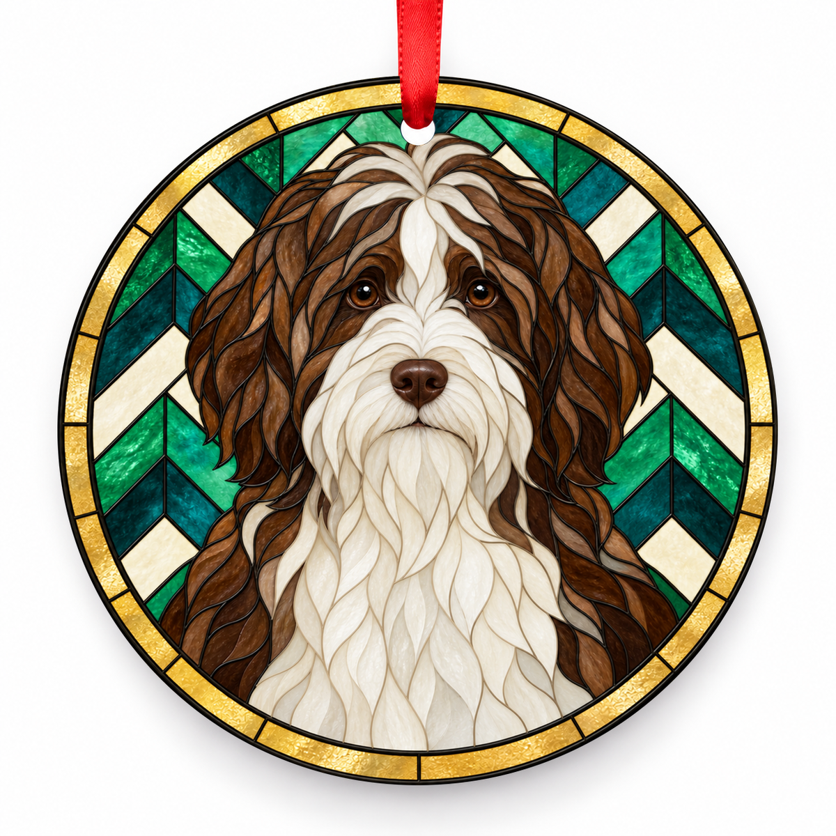 Dutch Schapendoes Brown and White porcelain Christmas ornament with red ribbon — ORN-10598