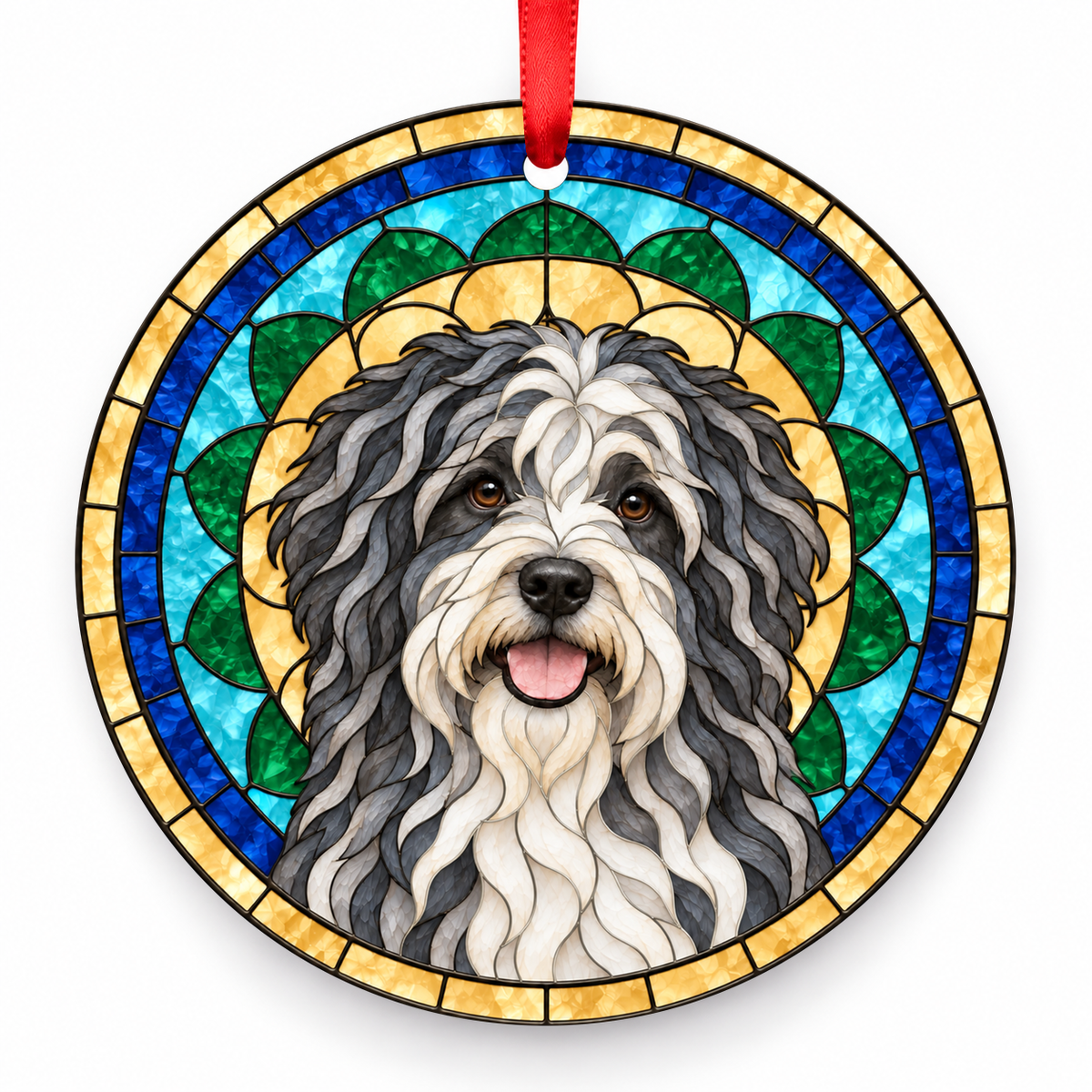 Dutch Schapendoes Gray and White porcelain Christmas ornament with red ribbon — ORN-10599