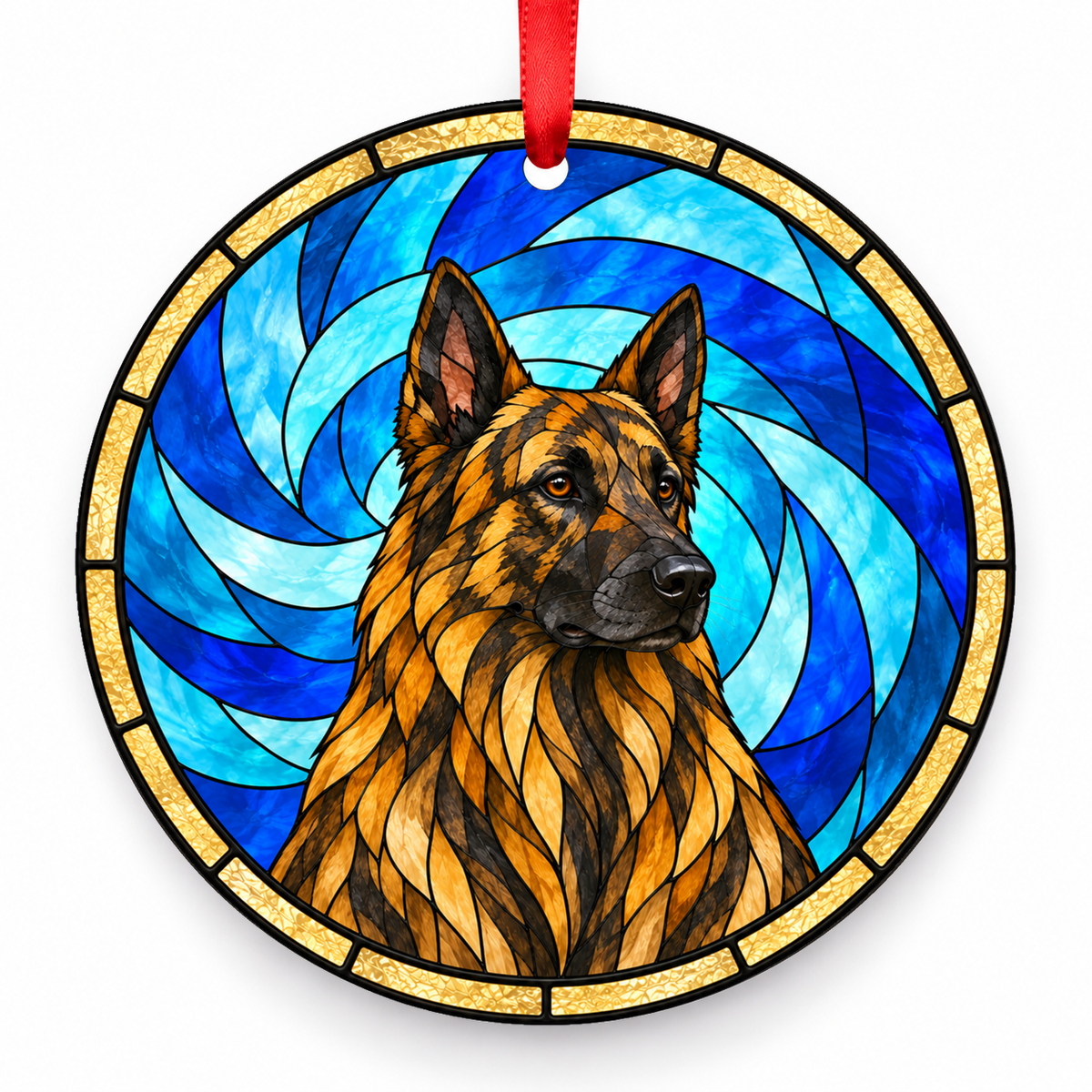 Dutch Shepherd Dog Long Hair Gold Brindle porcelain Christmas ornament with red ribbon — ORN-10602
