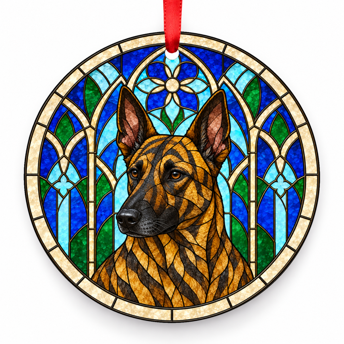 Dutch Shepherd Dog Short Hair Gold Brindle porcelain Christmas ornament with red ribbon — ORN-10604