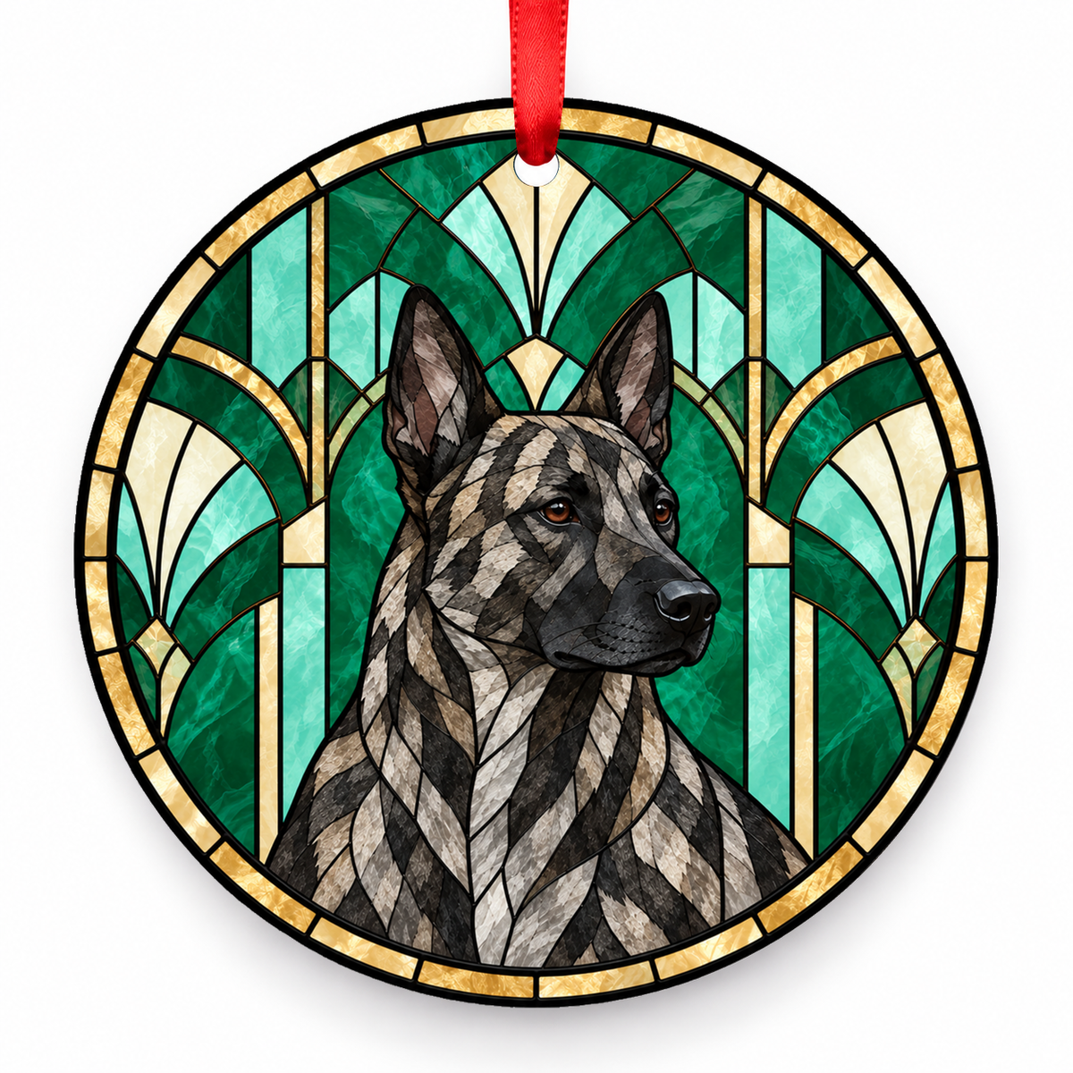 Dutch Shepherd Dog Short Hair Silver Brindle porcelain Christmas ornament with red ribbon — ORN-10605
