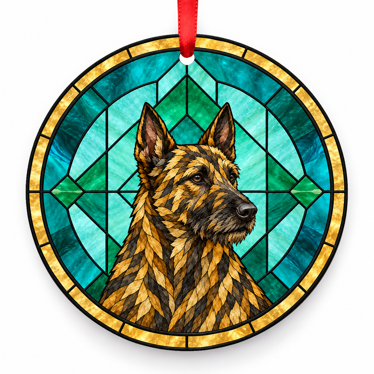 Dutch Shepherd Dog Wire Hair Gold Brindle porcelain Christmas ornament with red ribbon — ORN-10606