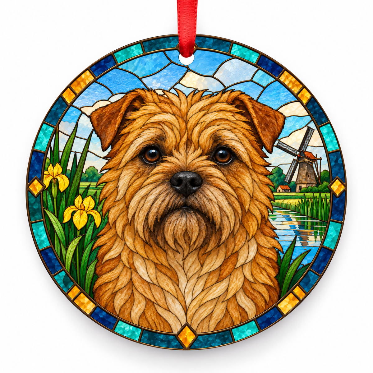 Dutch Smoushond Yellow porcelain Christmas ornament with red ribbon — ORN-10608