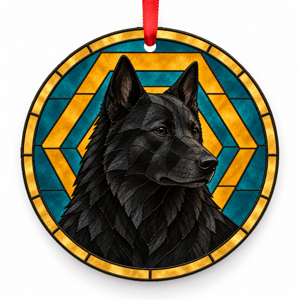 East Siberian Laika Black stained glass style Christmas ornament with red ribbon — ORN-10609