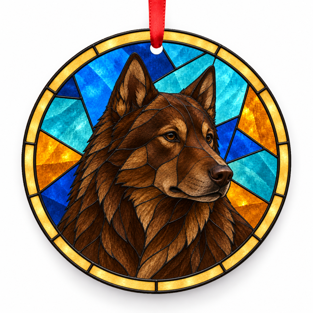 East Siberian Laika Brown stained glass style Christmas ornament with red ribbon — ORN-10611