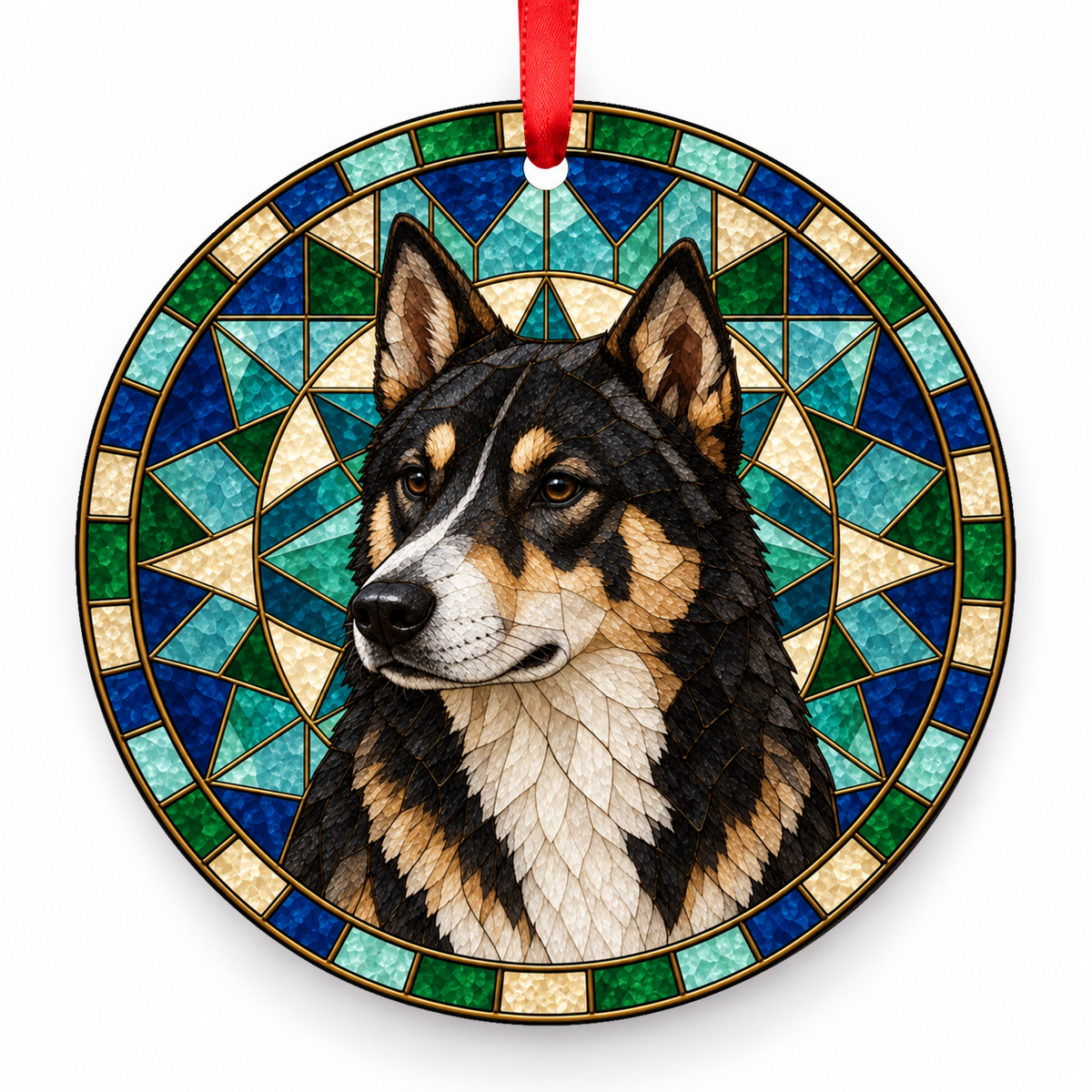East Siberian Laika Black, Tan and White stained glass style Christmas ornament with red ribbon — ORN-10613