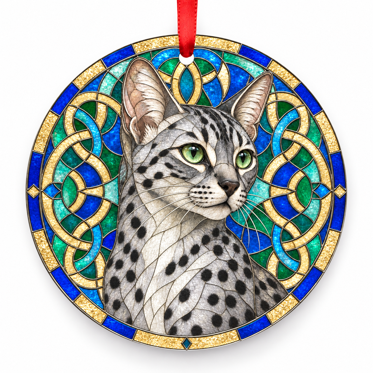 Egyptian Mau Black Smoke stained glass style Christmas ornament with red ribbon — ORN-10616