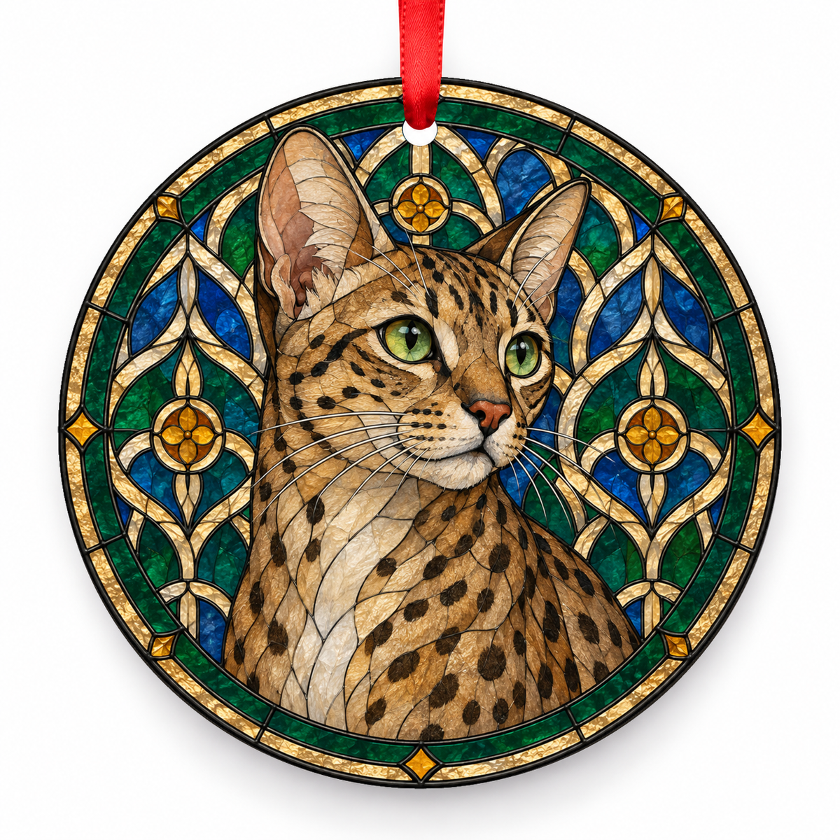 Egyptian Mau Bronze stained glass style Christmas ornament with red ribbon — ORN-10617