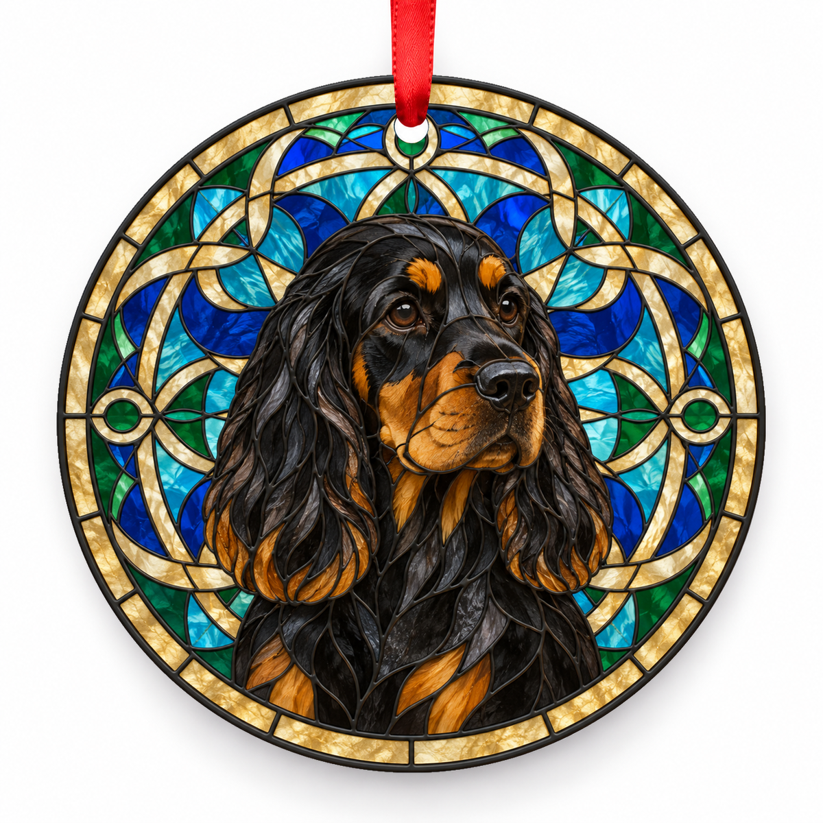 English Cocker Spaniel Black and Tan stained glass style Christmas ornament with red ribbon — ORN-10619